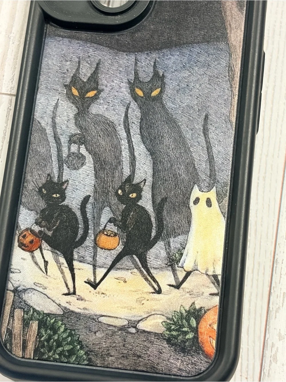 Retro vintage look Halloween Cat & Ghost iPhone Case - Black Frame